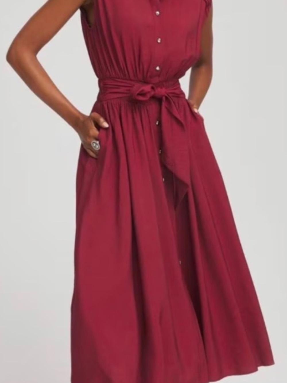 Chico's Raglan Cap Sleeve Button-Front Midi Dress in Russet Red